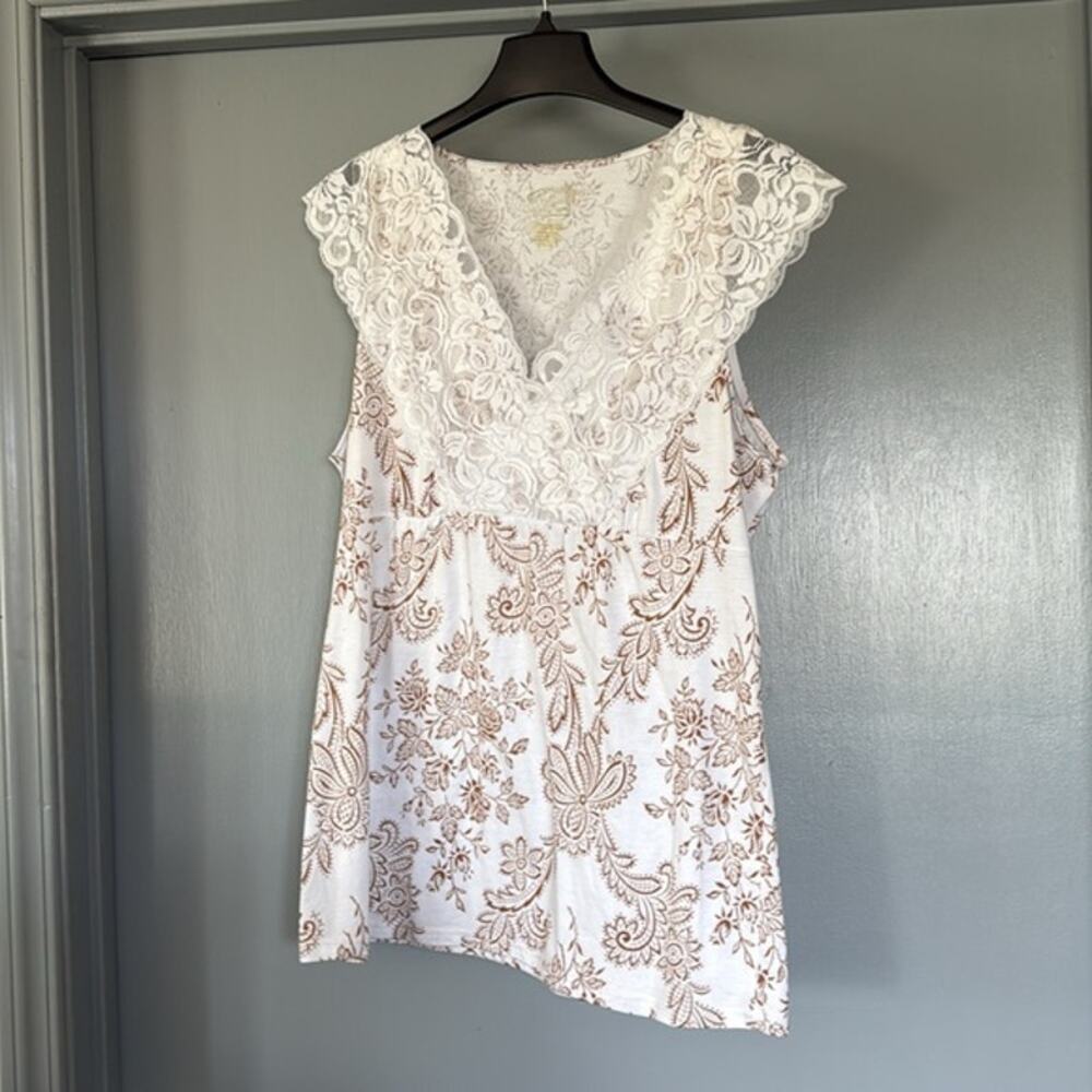 Roper XL Women's Babydoll Pullover Top White Lace V-Neck Flutter Sleeves Flora